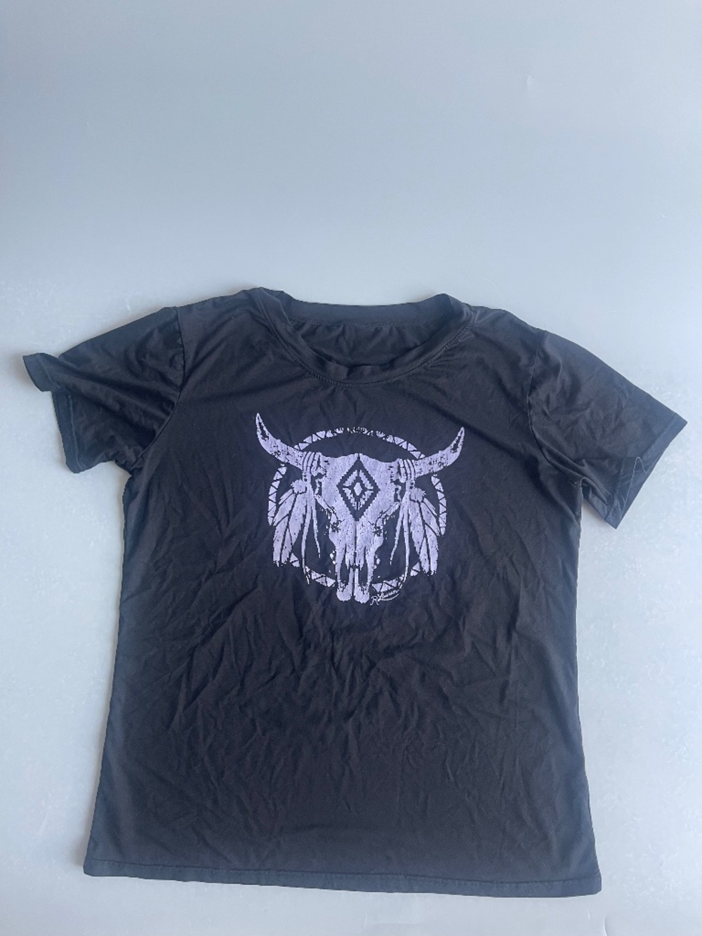 Romastory Women’s XL Black Graphic T-Shirt Bull Skull Short Sleeve Polyester Tee
